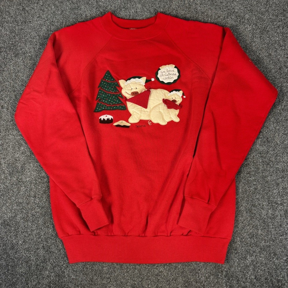 Vtg 90s Christmas Sweatshirt XL Red Pigs Cookin Applique Grandma Core Ugly USA